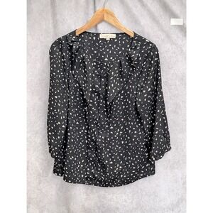 ANN TAYLOR LOFT Black /Cream Spotted Lightweight Long Sleeve Blouse Large Petite